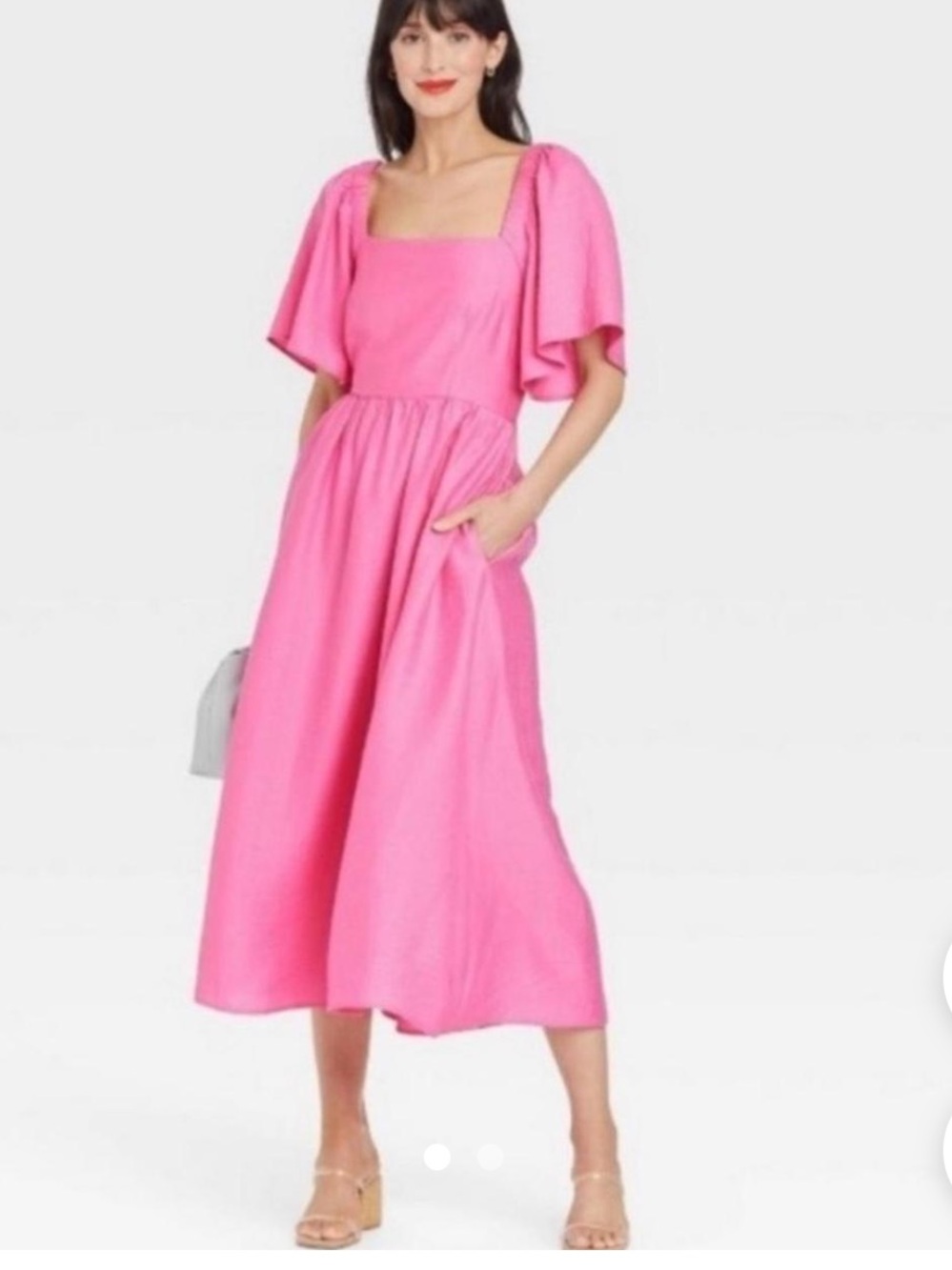 Target Hot Pink Square-Neck Midi Dress with Flutter Sleeves
